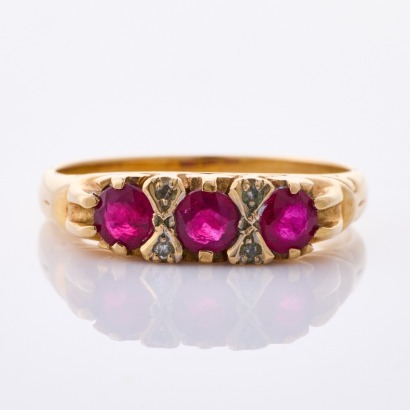 9ct Yellow Gold, Vintage, Three Stone Ruby / .03ct Diamond Ring