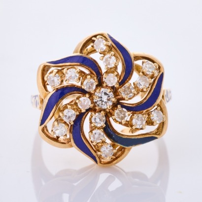 14ct Yellow Gold, .56ct. Diamond / Blue Enamel Ring