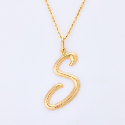 18ct Yellow Gold, 'S' Pendant on Adjustable 50cm, Rope Chain