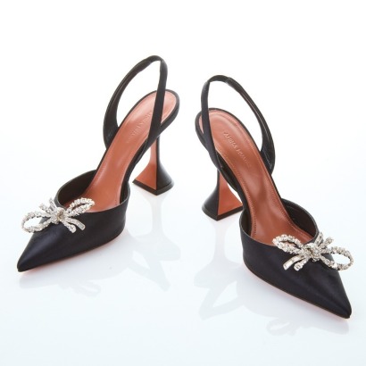 Amina Muaddi, Black Satin Rosie Slingback Heels, Size 39.5, As new with Box