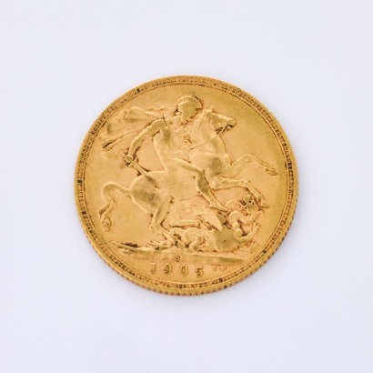 A full, 1905 Sovereign Coin, of 22 mm in Diameter