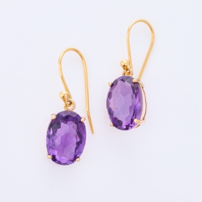 14ct Yellow Gold, Oval Cut Amethyst Drop Earrings