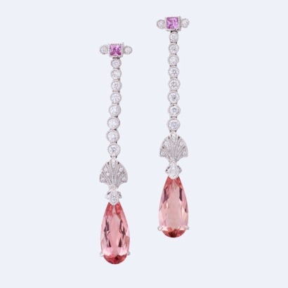 18ct White Gold, Modern 4.98ct Tourmaline /.23ct Pink Sapphire / .50ct Diamond Drop Earrings - Near new