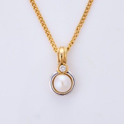 9ct Yellow Gold, 5.0mm Pearl / .02ct Diamond Pendant on 45cm Gold Plated Chain