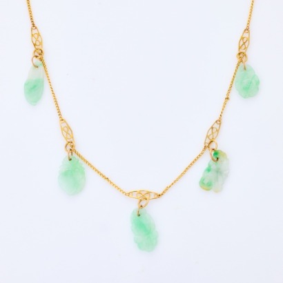 9ct Yellow Gold, 43cm Necklace with Five Jade Pendants