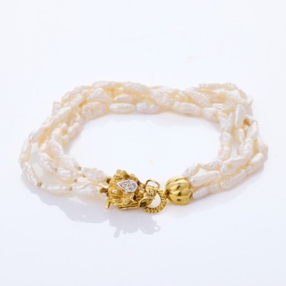 Fresh Water Pearl, 18cm Triple Strand Bracelet with 14ct Yellow Gold, Ruby / .02ct Diamond Dragon Clasp