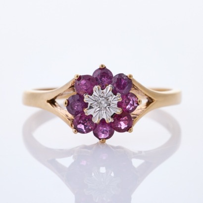 9ct Yellow Gold / Rhodium Plated, Vintage, .49ct Ruby / .015ct Diamond Ring