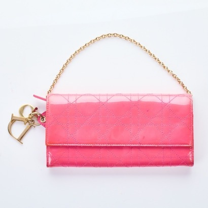 Christian Dior, Pink Iridescent Cannage Quilted Patent Lady Dior Wallet on Chain