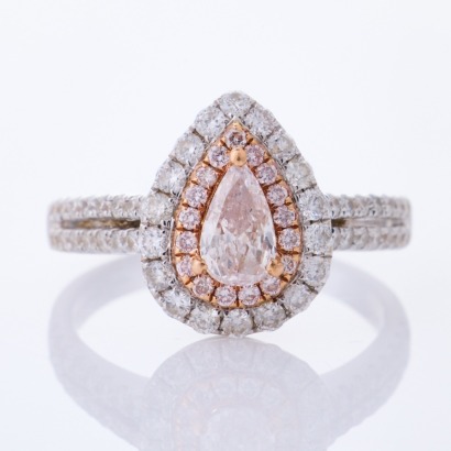 18ct Yellow / White Gold, .41ct Very Light Pink Pear Shape Diamond / .67ct Small Pink Diamond Ring
