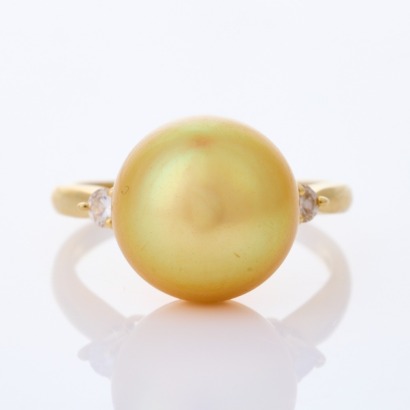 18ct Yellow Gold, Modern, Walker & Hall, Golden 11.0 mm Pearl / .10ct Diamond Ring