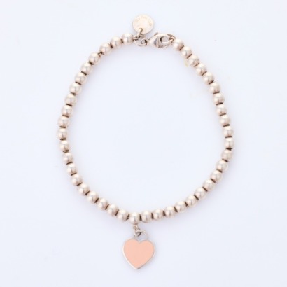 Tiffany & Co, Sterling Silver Mini Heart Tag Beaded Bracelet with Box