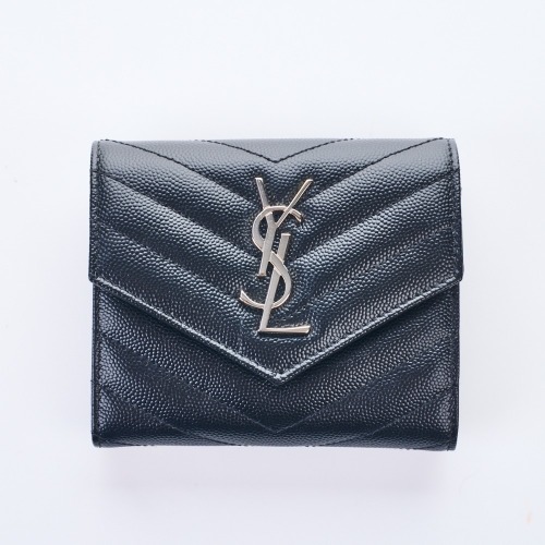 Yves Saint Laurent, Black Matelasse Leather Cassandre Trifold Wallet with Box