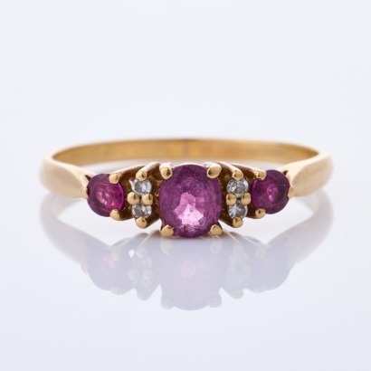 9ct Yellow Gold, Vintage, Three Stone Ruby / .03ct Diamond Ring