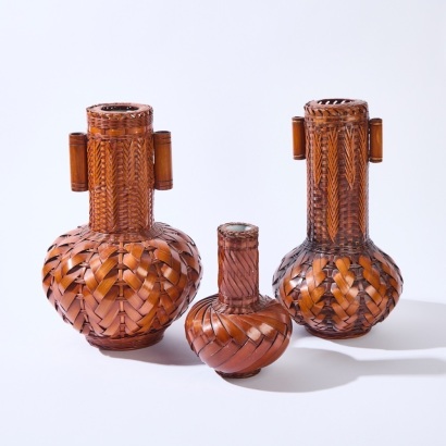 A Trio of Japanese Woven Bamboo Ikebana Vases