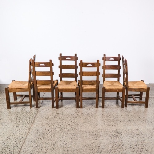 A Set of Six 1950s French Brutalist Oak Rush Dining Chairs