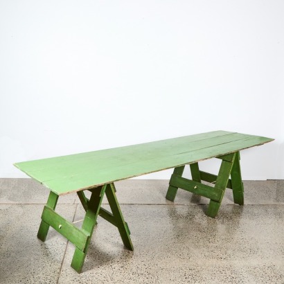 A Large Rustic Green Painted Trestle Table