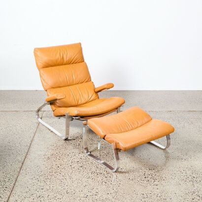 A 1970s Chrome and Leather Reclining Chair and Ottoman
