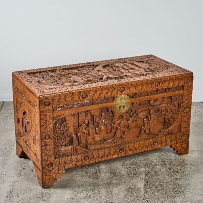 A Chinese 20th Century Molded Narrative Scene Camphor Box