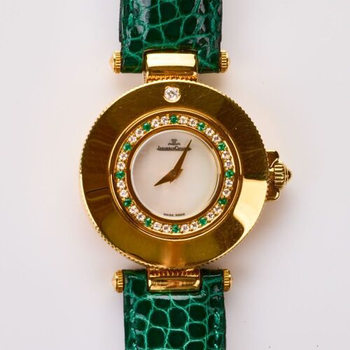 18ct Yellow Gold, Rare, 25mm Jaeger LeCoultre Carnet De Rendezvous' Diamond / Emerald Quartz Wristwatch, circa 1999