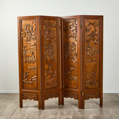 A Chinese Old Wooden Carved 'Ancient Figures' Four Fold Screen