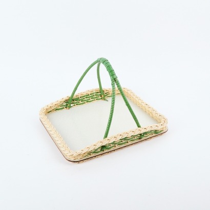 A Retro Colourful Woven Cane Tray with Handle