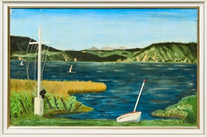 A Folky Oil Painting of Yachts on a Lake