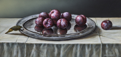 NEIL DRIVER Plums on Pewter Tray