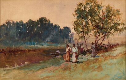 WALTER WRIGHT M&fnof;&Aring;ori Women and Children on the Banks of the Waikato River