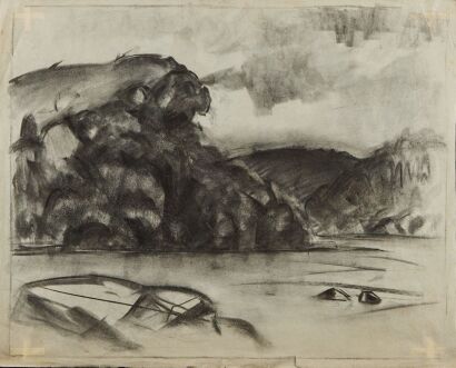 JOHN WEEKS Untitled (New Zealand Landscape) - Floating on Black in Gold Frame