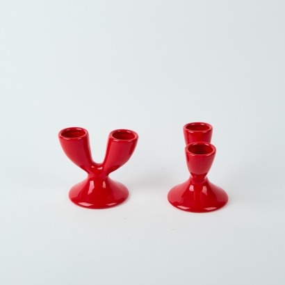 A Pair Of Red Ceramic Candle Holders By CKS Collection