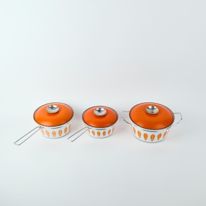 A Trio of Cathrineholm Lotus Lidded Enamel Saucepans