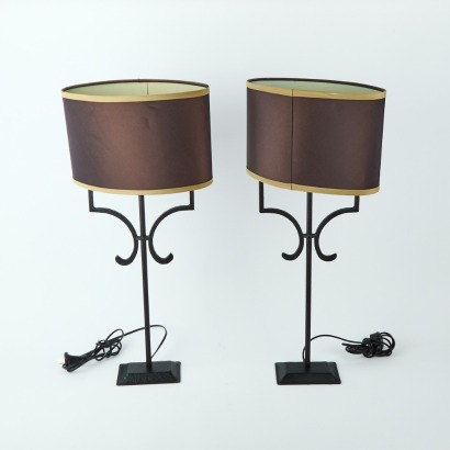 A Pair of Vintage 'Eunice Taylor' Forged Metal Table Lamps w/ Eunice Taylor Oval Shades