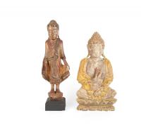 Two Carved and Painted Thai and Tibet Wooden Buddha Figures