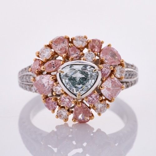 18ct White / Rose Gold, .57ct Heart Shaped Fancy Light Bluish Green / 1.60ct Diamond Ring