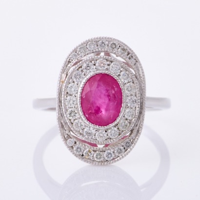 18ct White Gold, Modern, 1.67ct Ruby / .49ct Diamond Halo Ring - Near new