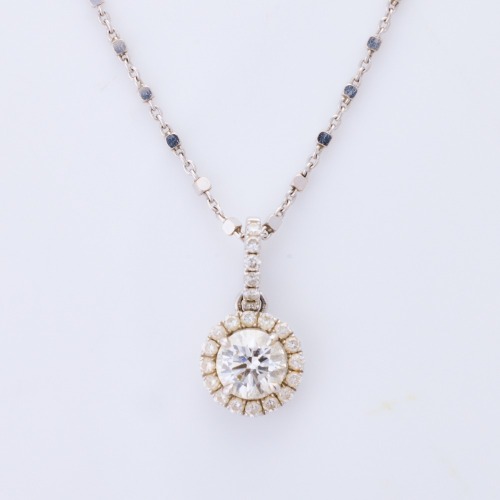 Partridge Jewellers, 18ct White Gold, .50ct Diamond Halo Pendant on 45cm Faceted Box / Trace Chain