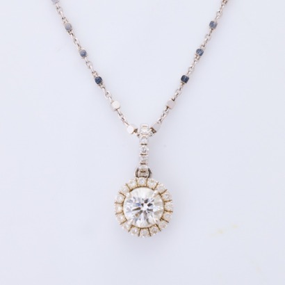 Partridge Jewellers, 18ct White Gold, .50ct Diamond Halo Pendant on 45cm Faceted Box / Trace Chain