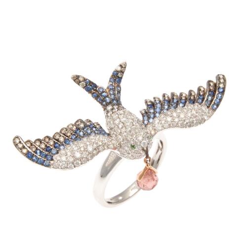 18ct White Gold Flying Swallow Bird Diamond and Sapphire Ring