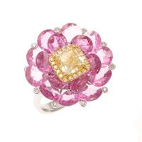 18ct Pink Sapphire and Fancy Yellow Diamond Camellia Cocktail Ring