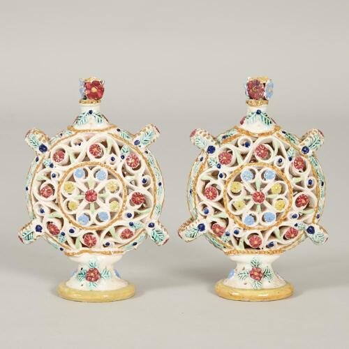 A Pair of Majolica Puzzle Flasks