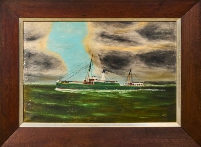 A Large Antique Oil Painting of a Ship in an Oak Frame