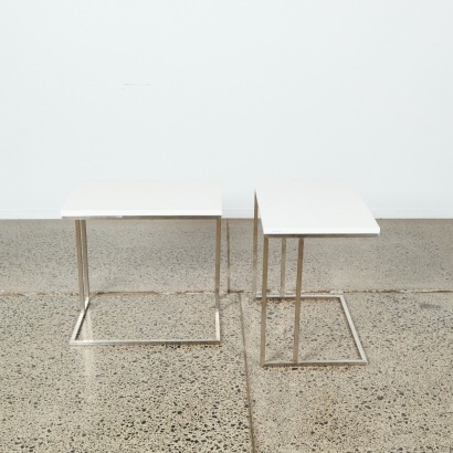 A Pair of Minimal White & Stainless Steel Side Tables