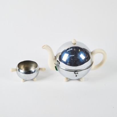 A PBB Chrome and Porcelain Teapot and Sugar Bowl