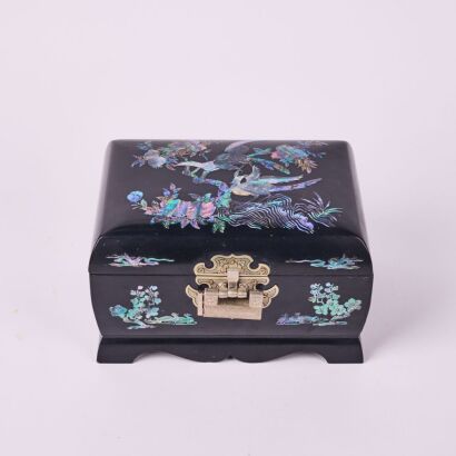 A Black Lacquer Mother Of Pearl Inlay Peacock Jewelry Box With A Fish Lock