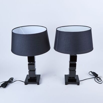 A Pair of 'Eunice Taylor' Retro Heavy Black Glass Table Lamps