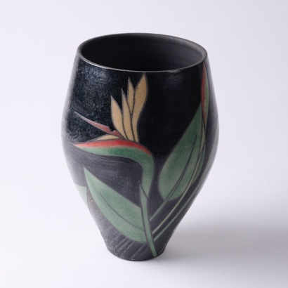 A Lynda Harris Raku Fired Bird of Paradise Vase