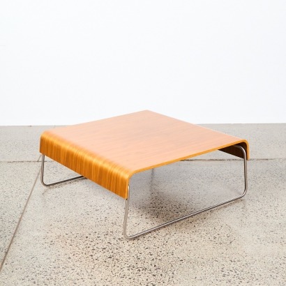 A Contemporary Design Large Curved Wood and Steel Coffee Table
