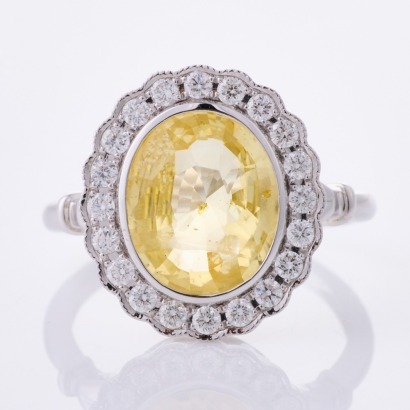 18ct White Gold, Modern, 4.03ct Yellow Sapphire / .39ct Diamond Ring - Near new