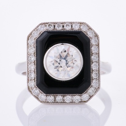 18ct White Gold, Modern, Art Deco Style. 1.82ct Diamond / Onyx Ring - As new
