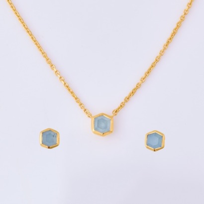 Kendra Scott, 'Davie' Aquamarine, Vermeil Gold Plated Sterling Silver Earrings and Necklace Set with Box
